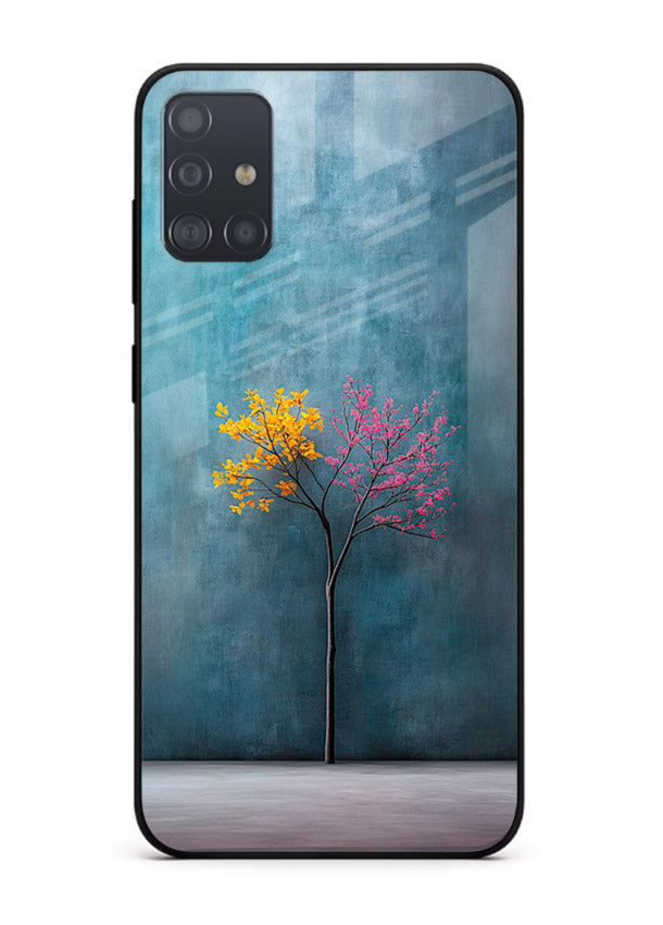Blue tree artwork on Samsung A71 glass back cover with soft minimal artistic tones.