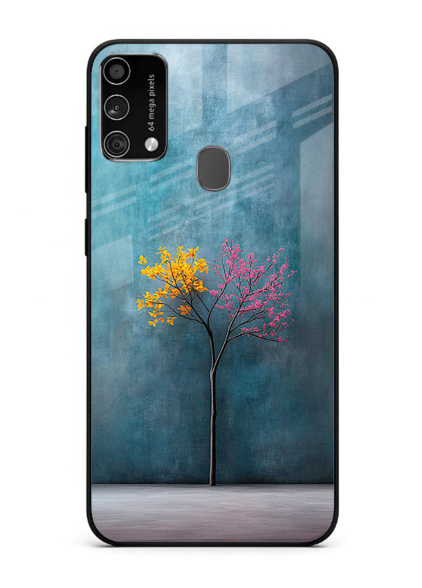 Blue tree artwork on Samsung F41 glass back cover with soft minimal artistic tones.