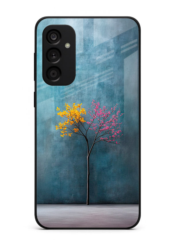 Blue tree artwork on Samsung M14 5G glass back cover with soft minimal artistic tones.