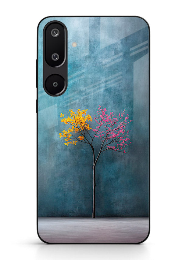 Blue tree artwork on Samsung M16 5G glass back cover with soft minimal artistic tones.