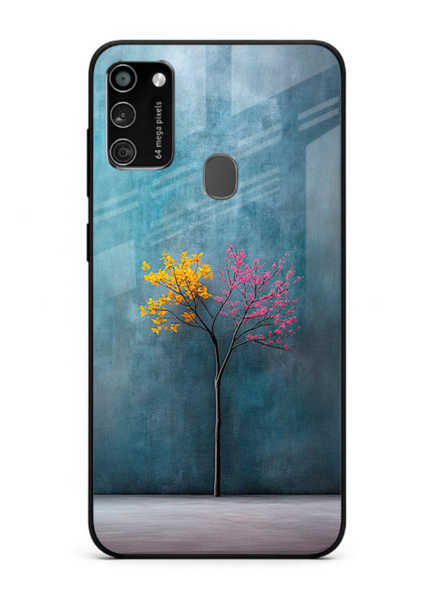 Blue tree artwork on Samsung M30s glass back cover with soft minimal artistic tones.