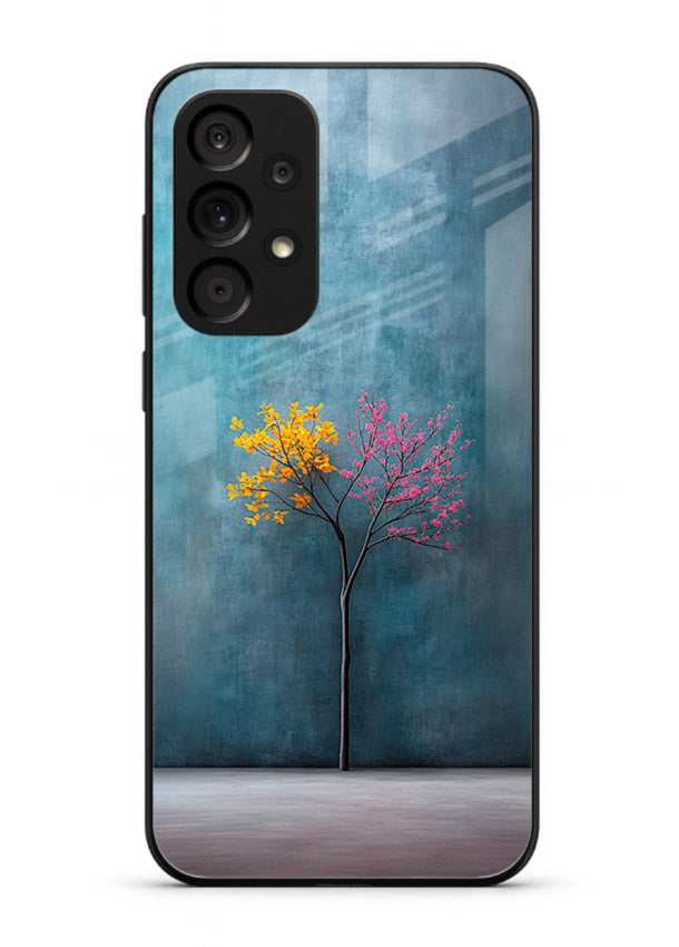 Blue tree artwork on Samsung A33 5G glass back cover with soft minimal artistic tones.