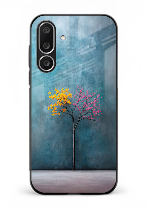 Blue tree artwork on Samsung F56 5G glass back cover with soft minimal artistic tones.