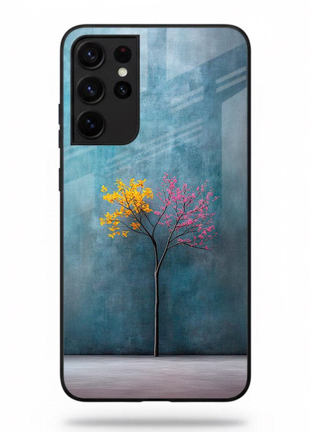 Blue tree artwork on Samsung S21 Ultra glass back cover with soft minimal artistic tones.