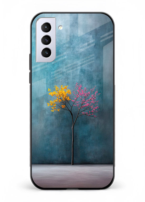 Blue tree artwork on Samsung S21 FE glass back cover with soft minimal artistic tones.