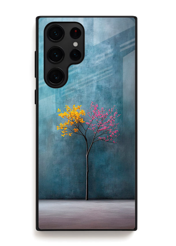 Blue tree artwork on Samsung S22 Ultra glass back cover with soft minimal artistic tones.
