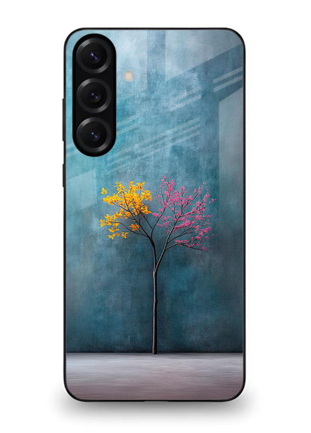 Blue tree artwork on Samsung M34 5G glass back cover with soft minimal artistic tones.