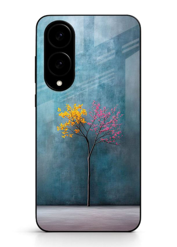 Blue tree artwork on Samsung S25 Edge glass back cover with soft minimal artistic tones.