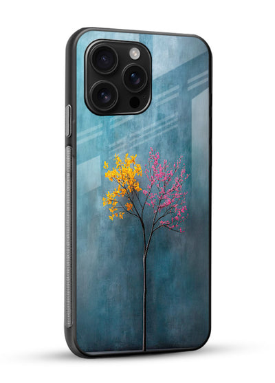 Blue tree artwork on glossy vibrant premium glass back cover with soft minimal artistic tones. - Angle Side