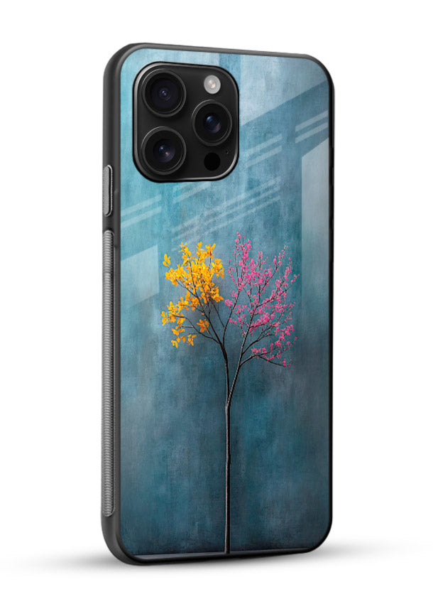 Blue tree artwork on glossy vibrant premium glass back cover with soft minimal artistic tones. - Angle Side