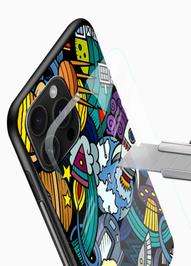 Space Doodle Art glass back cover with colorful planets and rockets pattern - 4