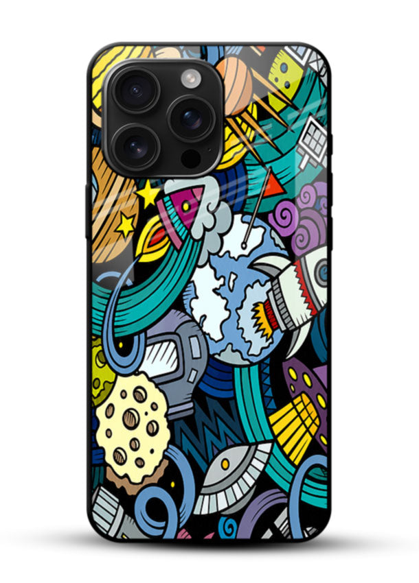Space Doodle Art glass back cover with colorful planets and rockets pattern - 1
