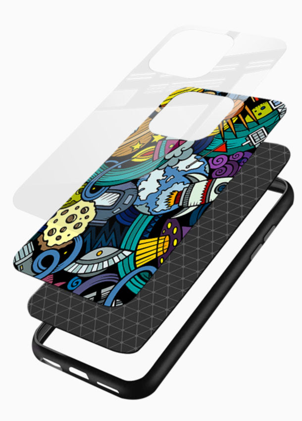 Space Doodle Art glass back cover with colorful planets and rockets pattern - 3