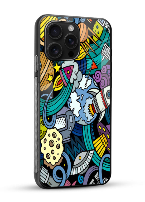 Space Doodle Art glass back cover with colorful planets and rockets pattern - 2
