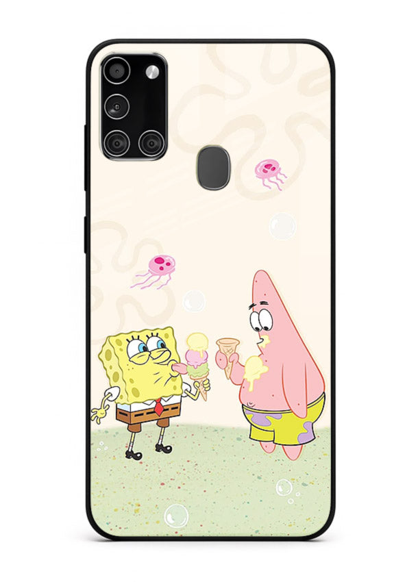 SpongeBob Patrick Fun cartoon artwork Samsung A21s glass back cover