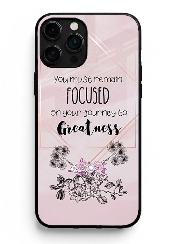 Geometric floral motivational artwork printed on iphone 16 pro max glass back cover with balanced tones.