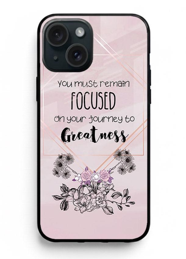 Geometric floral motivational artwork printed on iphone 15 plus glass back cover with balanced tones.