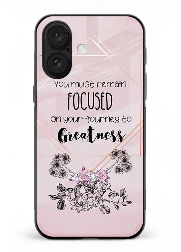 Geometric floral motivational artwork printed on iphone 16 glass back cover with balanced tones.