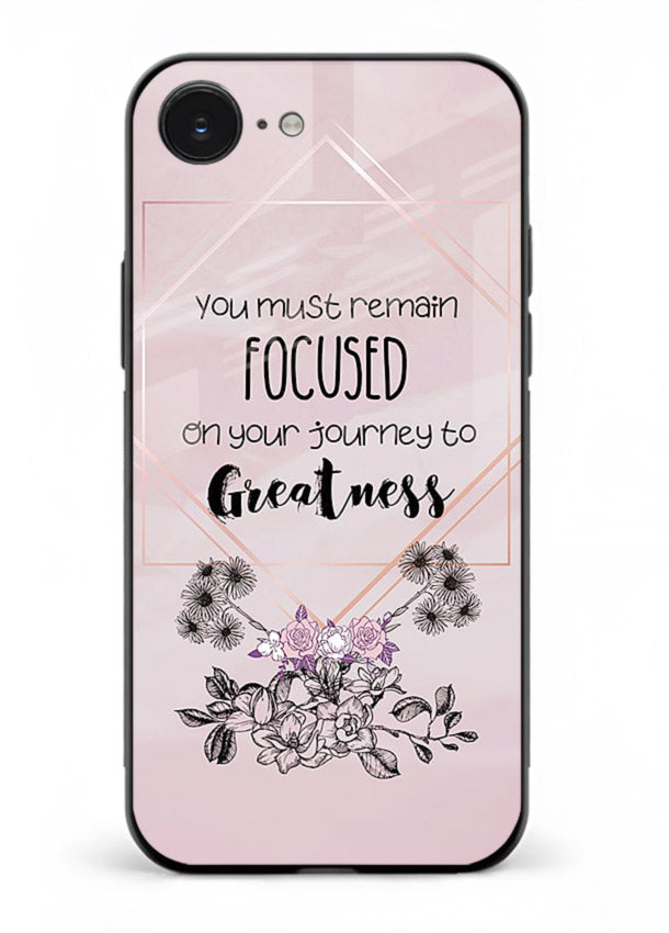 Geometric floral motivational artwork printed on iphone 16e glass back cover with balanced tones.