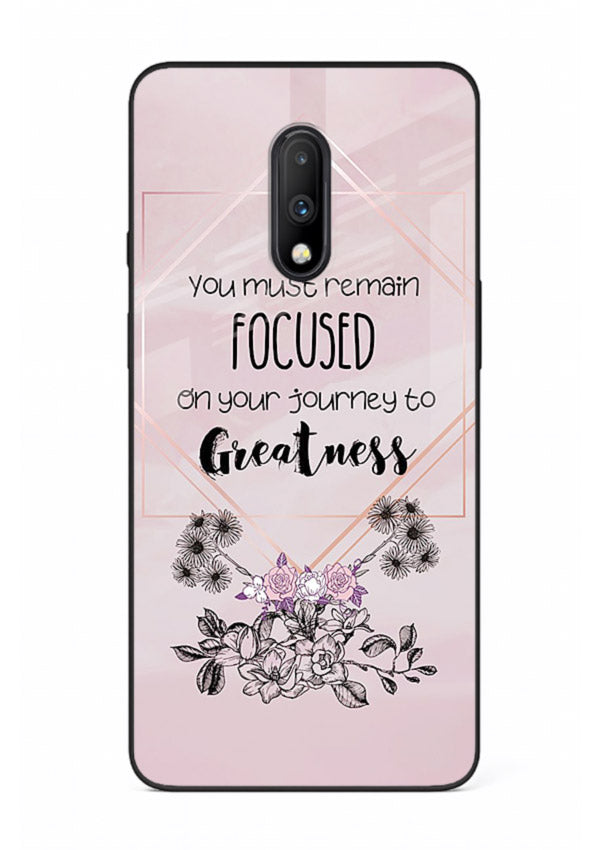 Geometric floral motivational artwork printed on OnePlus 7 glass back cover with balanced tones.