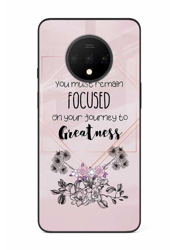 Geometric floral motivational artwork printed on OnePlus 7T glass back cover with balanced tones.