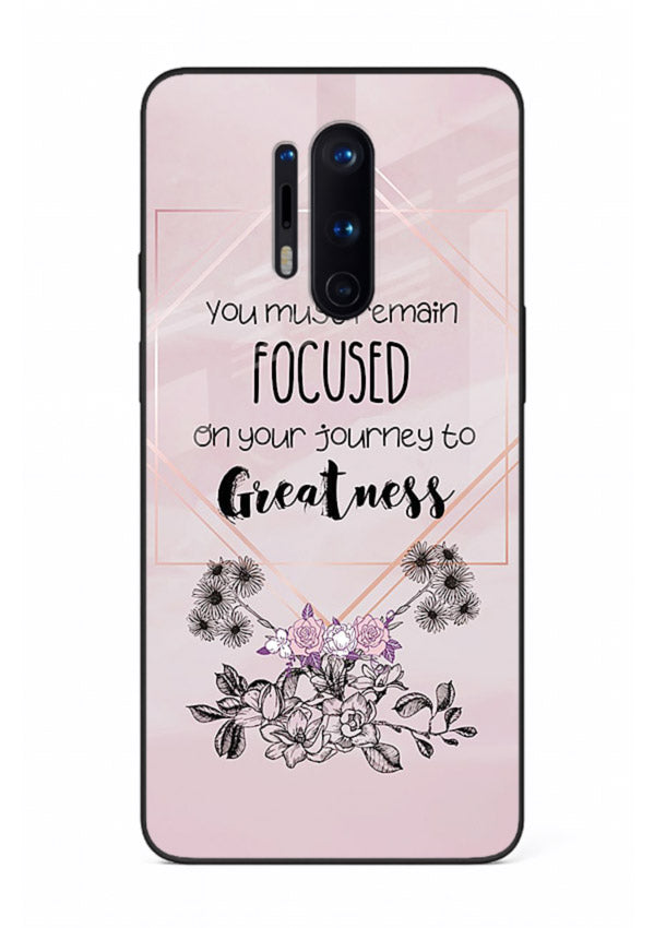 Geometric floral motivational artwork printed on OnePlus 8 Pro glass back cover with balanced tones.