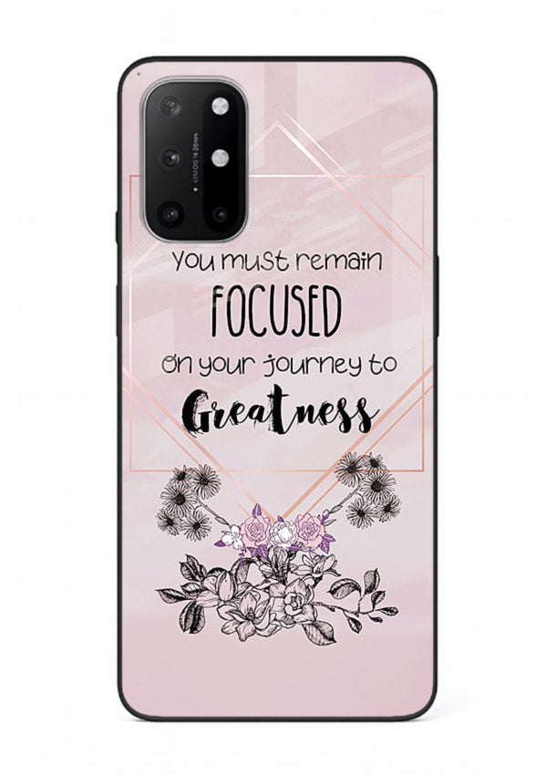 Geometric floral motivational artwork printed on OnePlus 8T glass back cover with balanced tones.