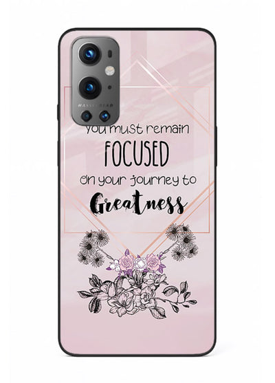 Geometric floral motivational artwork printed on OnePlus 9 glass back cover with balanced tones.