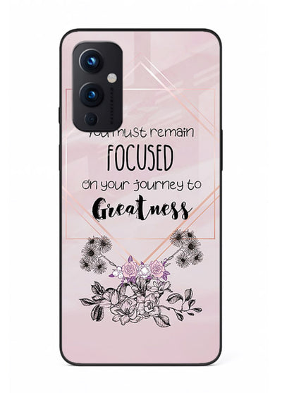 Geometric floral motivational artwork printed on OnePlus 9 Pro glass back cover with balanced tones.