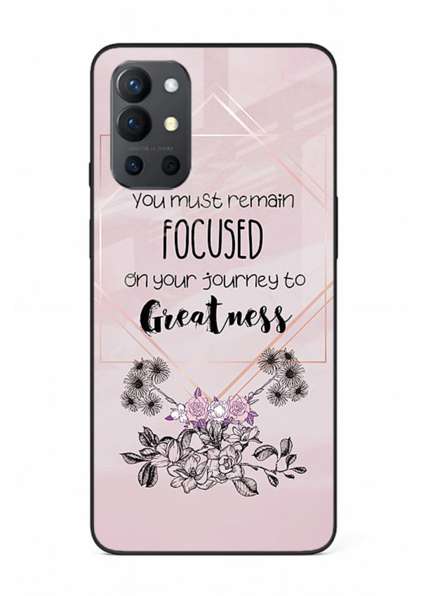 Geometric floral motivational artwork printed on OnePlus 9R glass back cover with balanced tones.