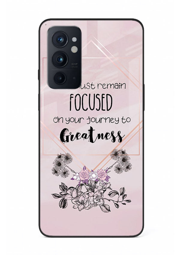 Geometric floral motivational artwork printed on OnePlus 9RT glass back cover with balanced tones.