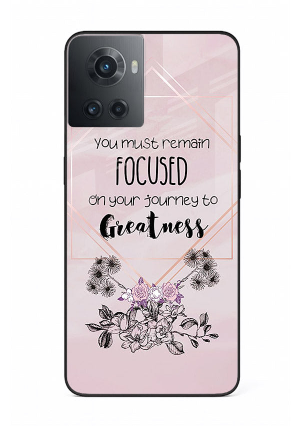 Geometric floral motivational artwork printed on OnePlus 10R glass back cover with balanced tones.