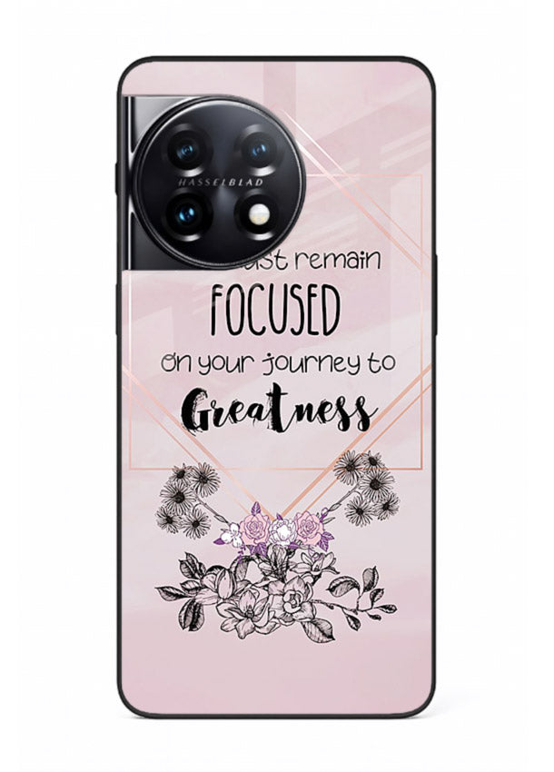 Geometric floral motivational artwork printed on OnePlus 11R glass back cover with balanced tones.