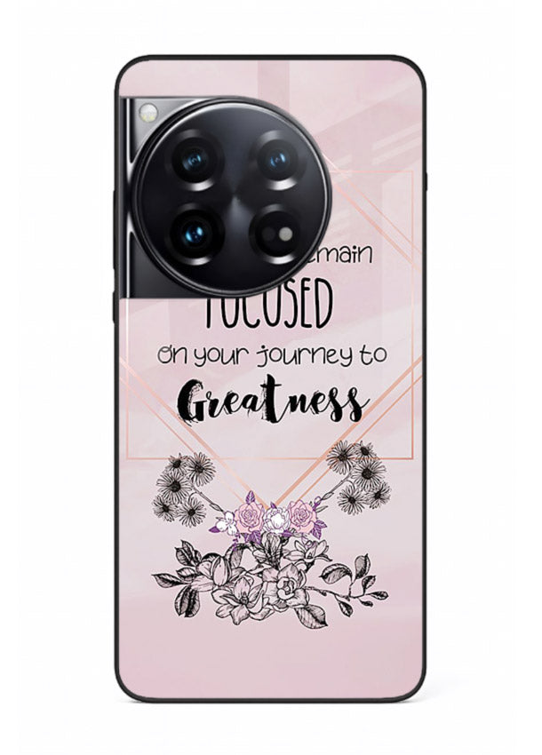 Geometric floral motivational artwork printed on OnePlus 12 glass back cover with balanced tones.