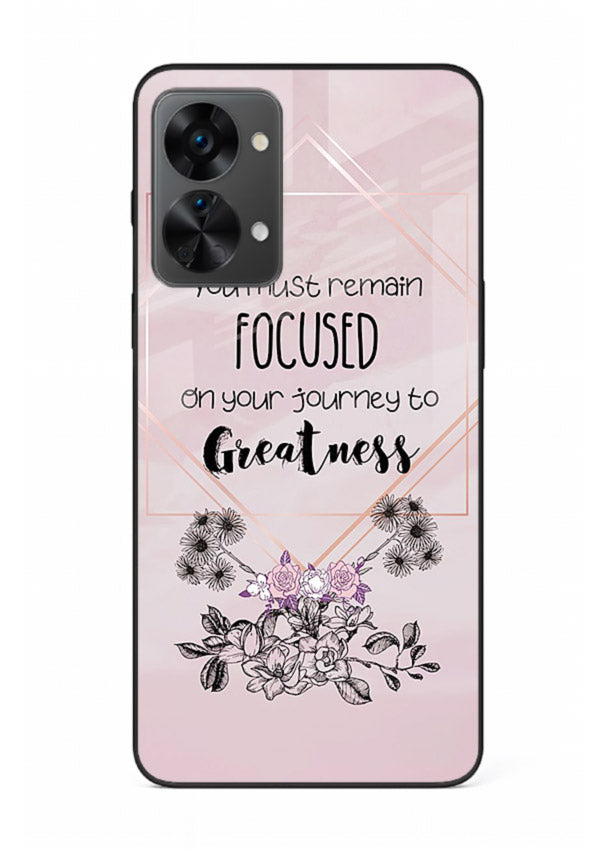 Geometric floral motivational artwork printed on OnePlus Nord 2T glass back cover with balanced tones.