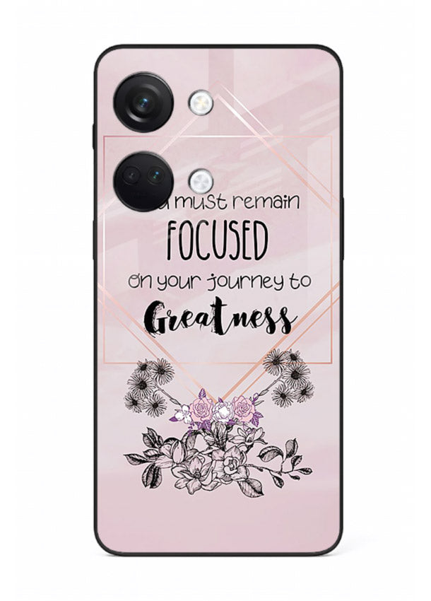 Geometric floral motivational artwork printed on OnePlus Nord 3 glass back cover with balanced tones.