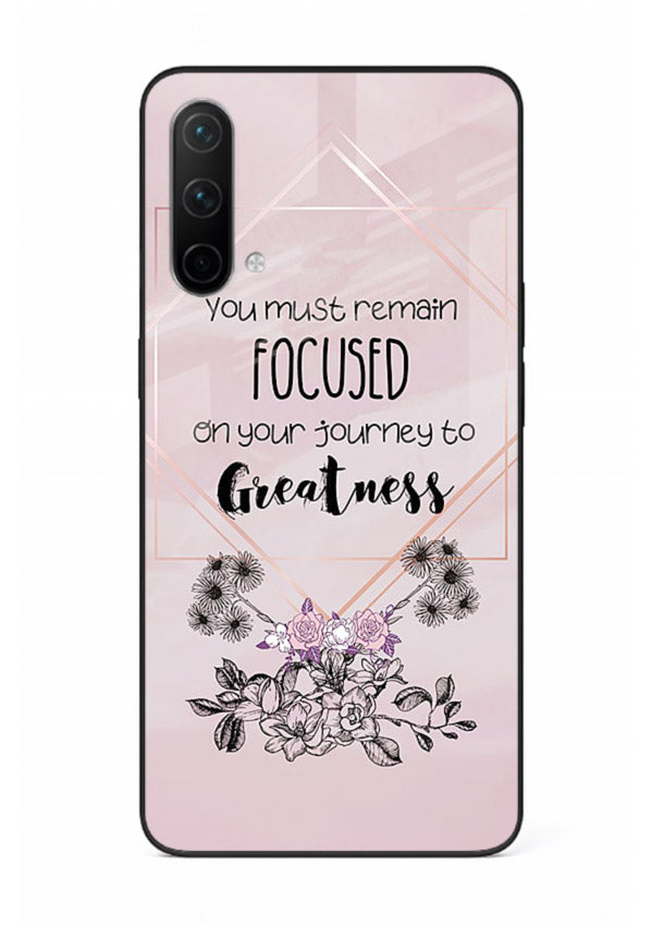 Geometric floral motivational artwork printed on OnePlus Nord CE 5G glass back cover with balanced tones.