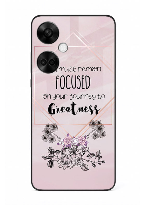 Geometric floral motivational artwork printed on OnePlus Nord CE3 glass back cover with balanced tones.