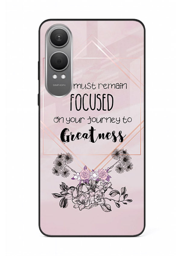 Geometric floral motivational artwork printed on OnePlus Nord CE4 Lite glass back cover with balanced tones.