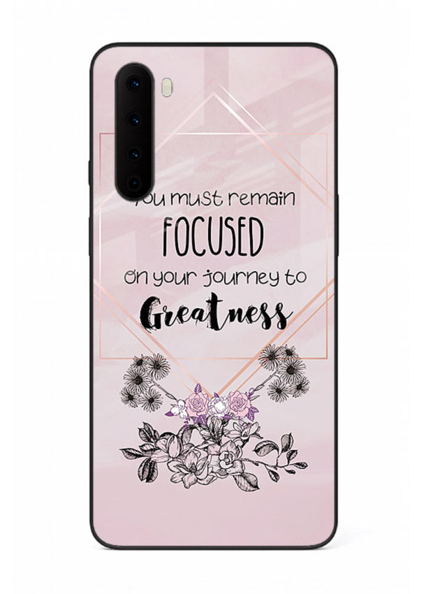 Geometric floral motivational artwork printed on OnePlus Nord glass back cover with balanced tones.