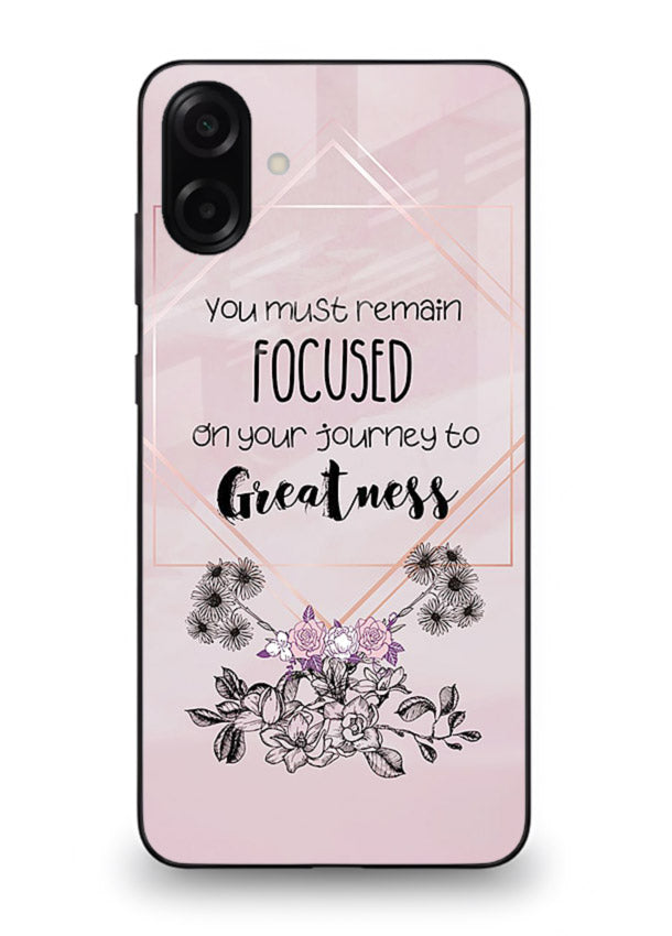 Geometric floral motivational artwork printed on Samsung A06 5G glass back cover with balanced tones.