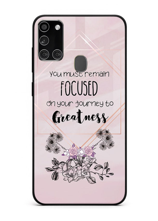 Geometric floral motivational artwork printed on Samsung A21s glass back cover with balanced tones.