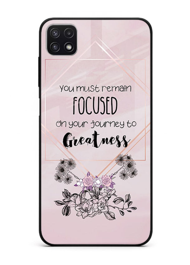 Geometric floral motivational artwork printed on Samsung F42 5G glass back cover with balanced tones.