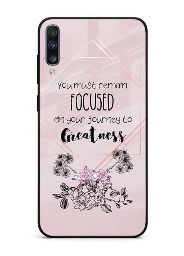 Geometric floral motivational artwork printed on Samsung A70 glass back cover with balanced tones.