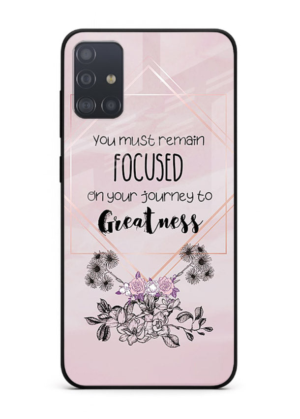 Geometric floral motivational artwork printed on Samsung A51 glass back cover with balanced tones.