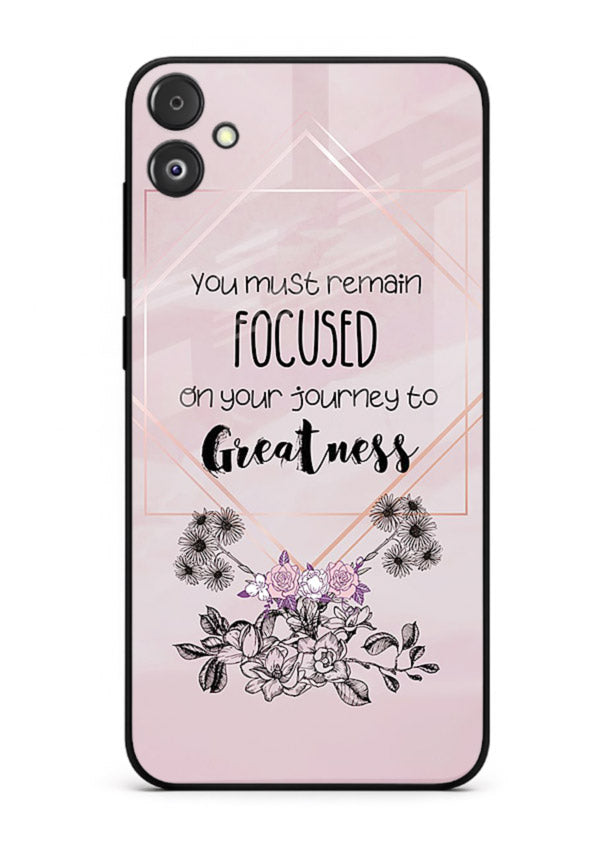 Geometric floral motivational artwork printed on Samsung F04 5G glass back cover with balanced tones.
