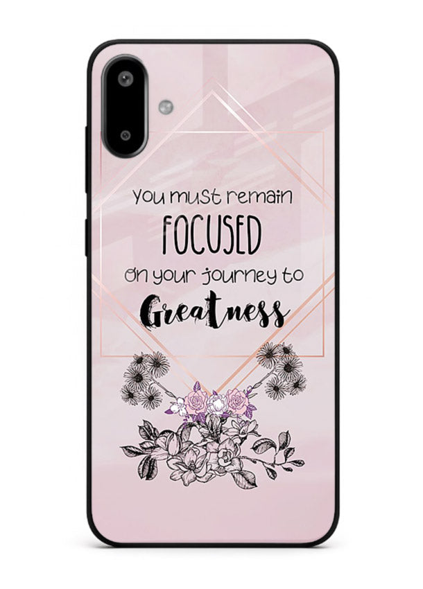 Geometric floral motivational artwork printed on Samsung F06 5G glass back cover with balanced tones.