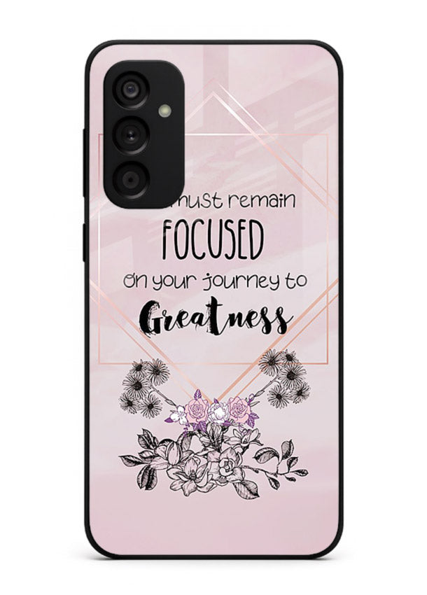 Geometric floral motivational artwork printed on Samsung A14 5G glass back cover with balanced tones.