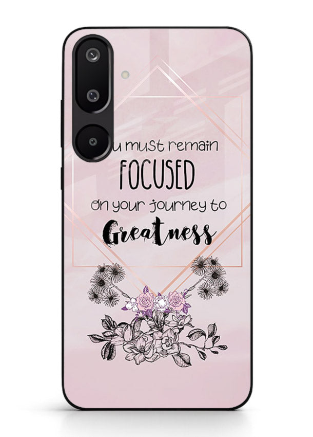 Geometric floral motivational artwork printed on Samsung F16 5G glass back cover with balanced tones.