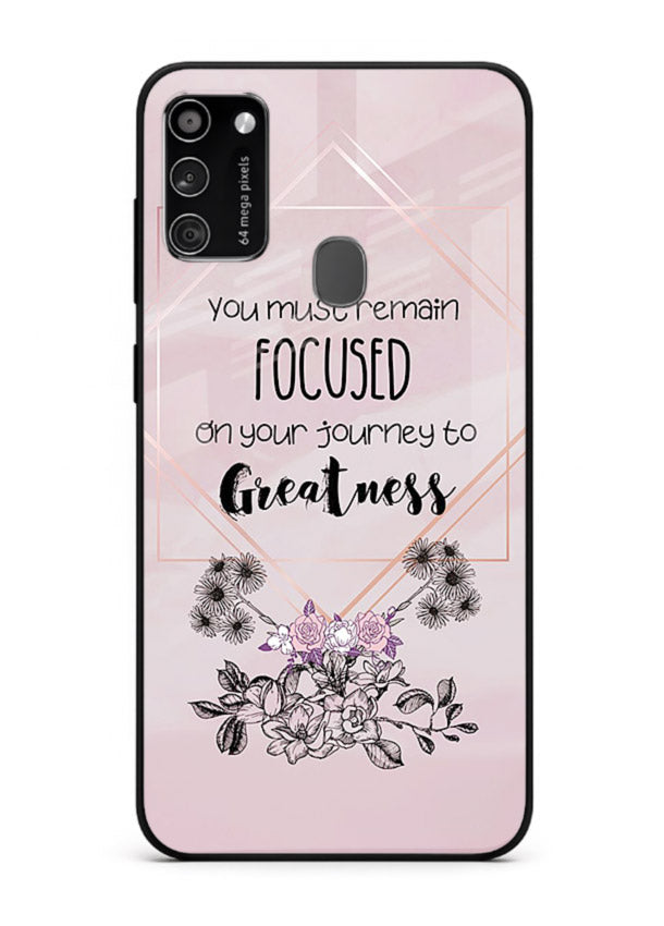 Geometric floral motivational artwork printed on Samsung M30s glass back cover with balanced tones.